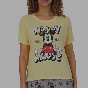 Disney Women's Mickey Mouse Printed Short-Sleeve Pajama Top Shirt Yellow